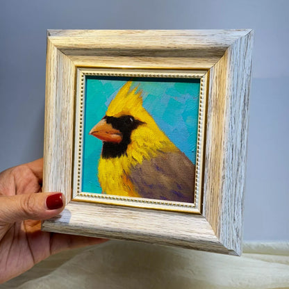 4"x4"Original Yellow Cardinal Birds Oil Painting - Framed Canvas Wall Art - Hand-Painted