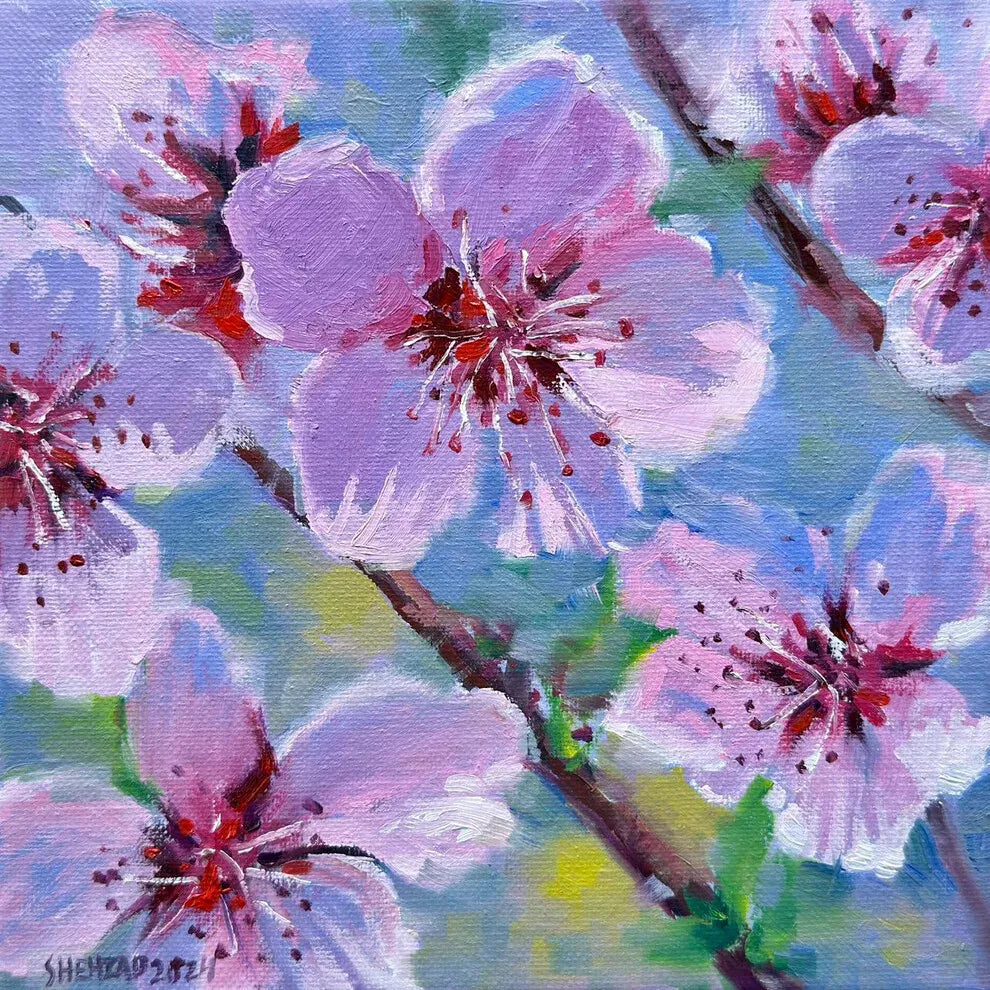 8"x8" Serene Cherry Blossom: Original Oil Painting - Floral Art for Home Decor | Unique Gift, Nature Artwork, Hand-Painted Wall Art, Tranquil Decor