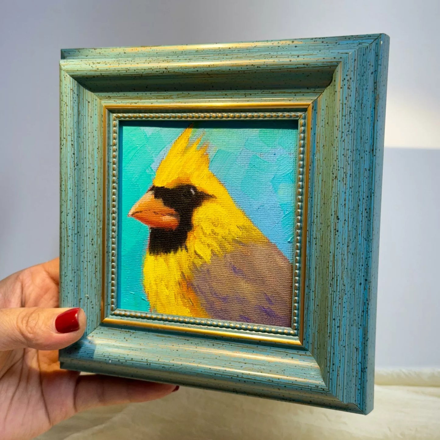 4"x4"Original Yellow Cardinal Birds Oil Painting - Framed Canvas Wall Art - Hand-Painted