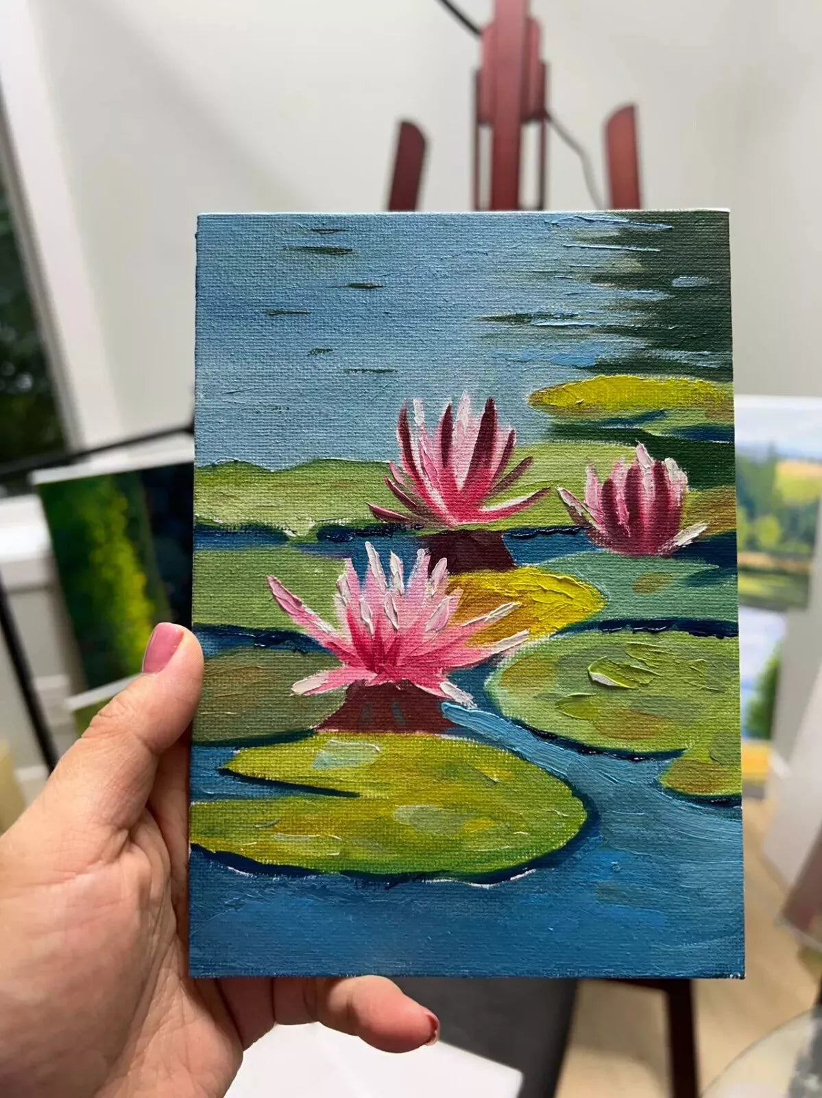 5"x7" Lotus Flowers blossom original 5"x7" oil painting with frame wall art home decor