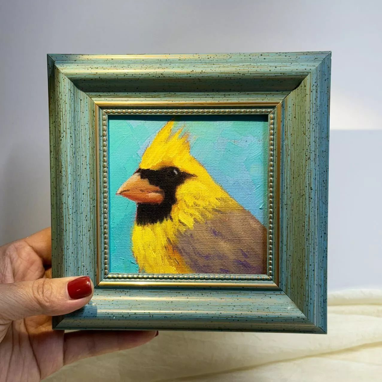 4"x4"Original Yellow Cardinal Birds Oil Painting - Framed Canvas Wall Art - Hand-Painted