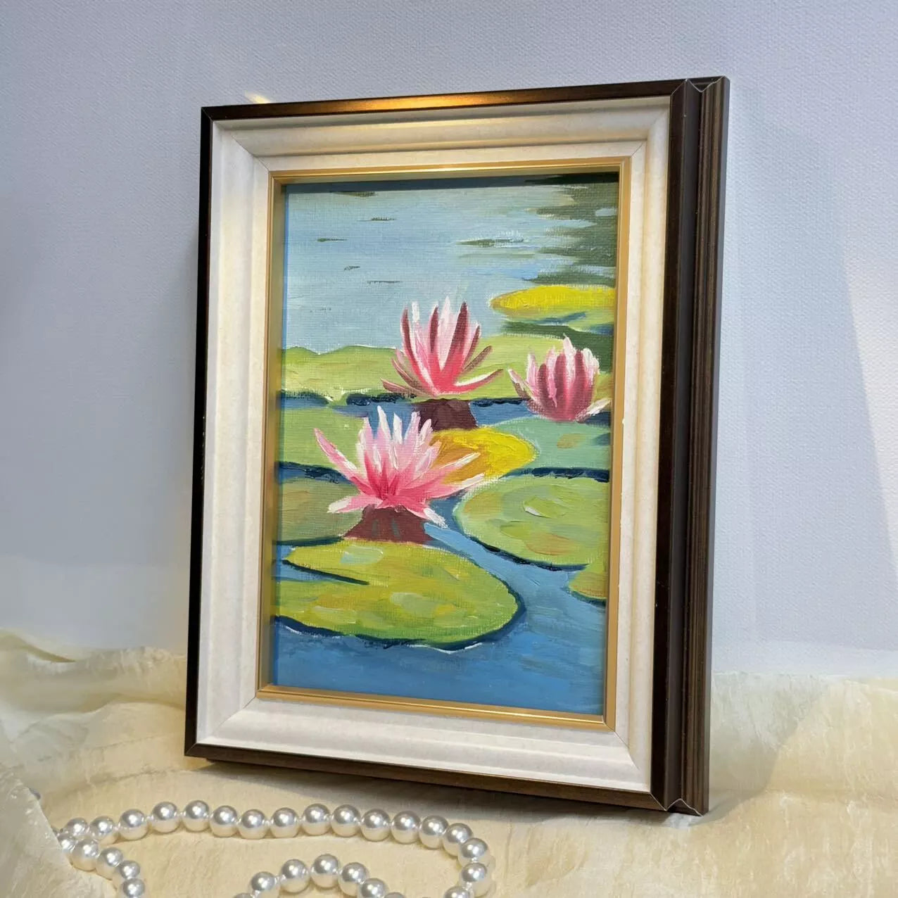 5"x7" Lotus Flowers blossom original 5"x7" oil painting with frame wall art home decor