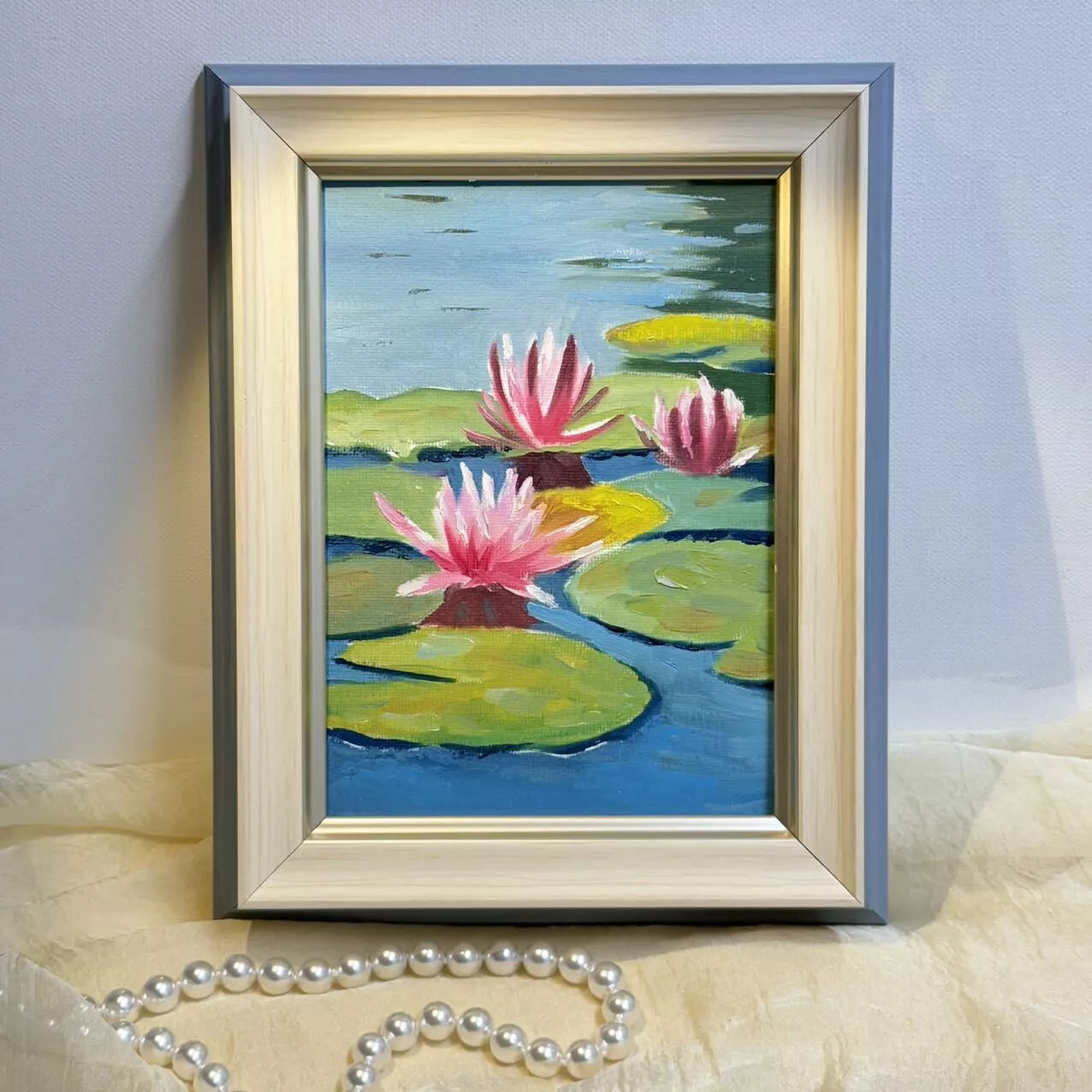 5"x7" Lotus Flowers blossom original 5"x7" oil painting with frame wall art home decor