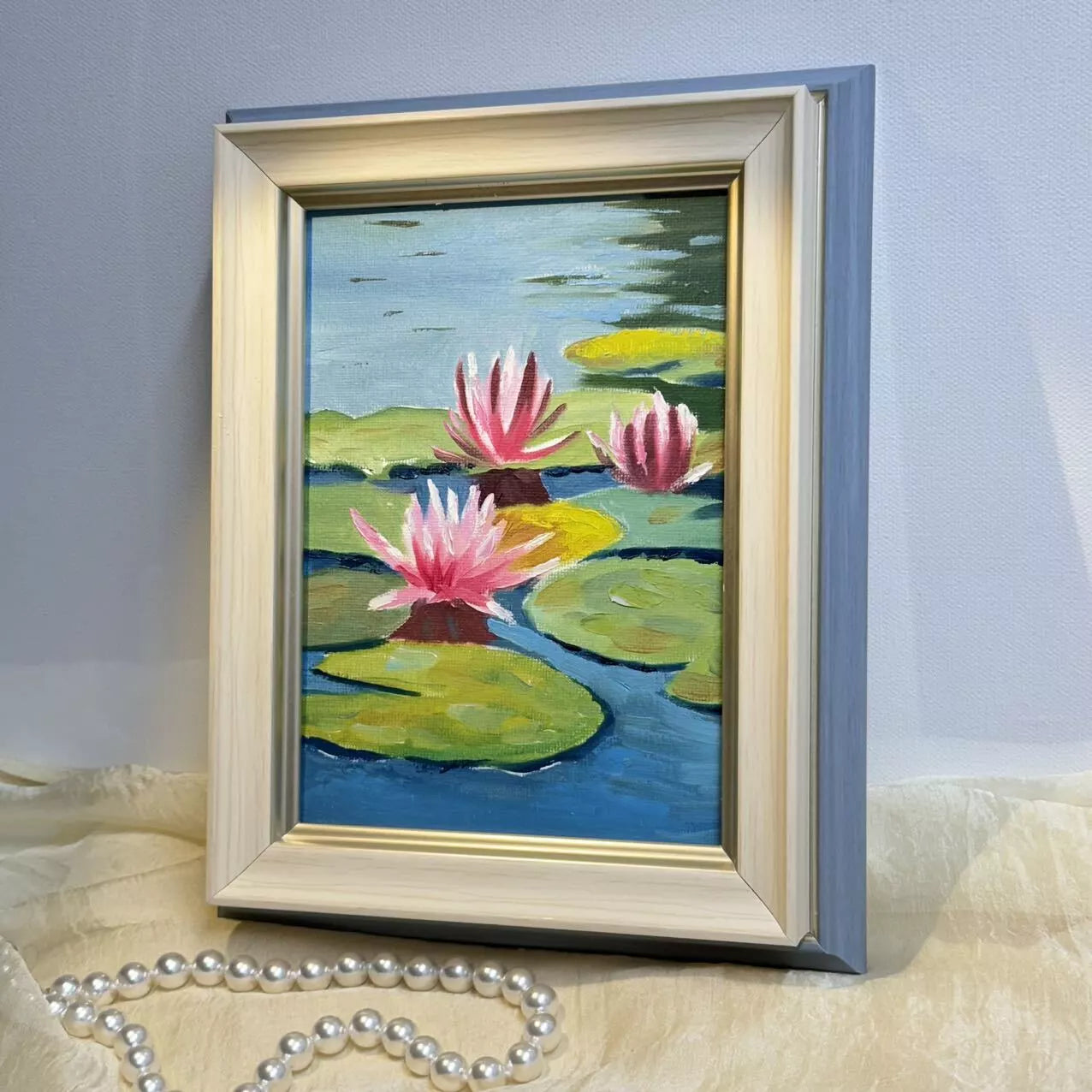 5"x7" Lotus Flowers blossom original 5"x7" oil painting with frame wall art home decor