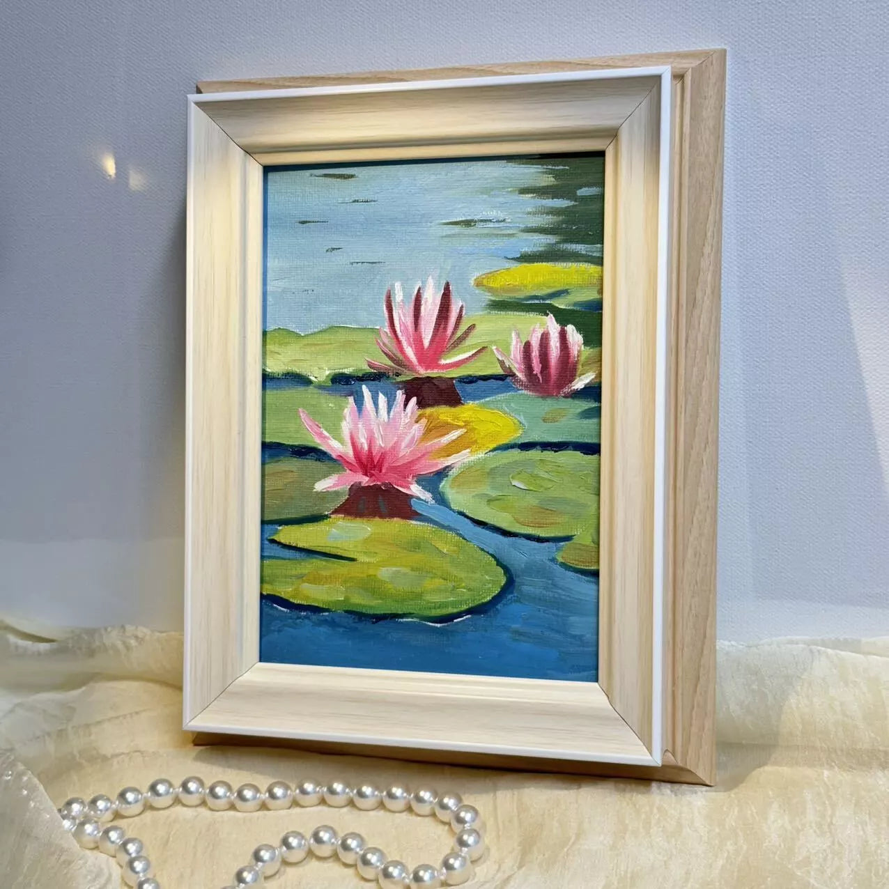 5"x7" Lotus Flowers blossom original 5"x7" oil painting with frame wall art home decor