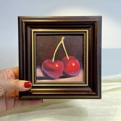 4"x4" Cherry artwork original small oil painting Kitchen decor wall art Still Life