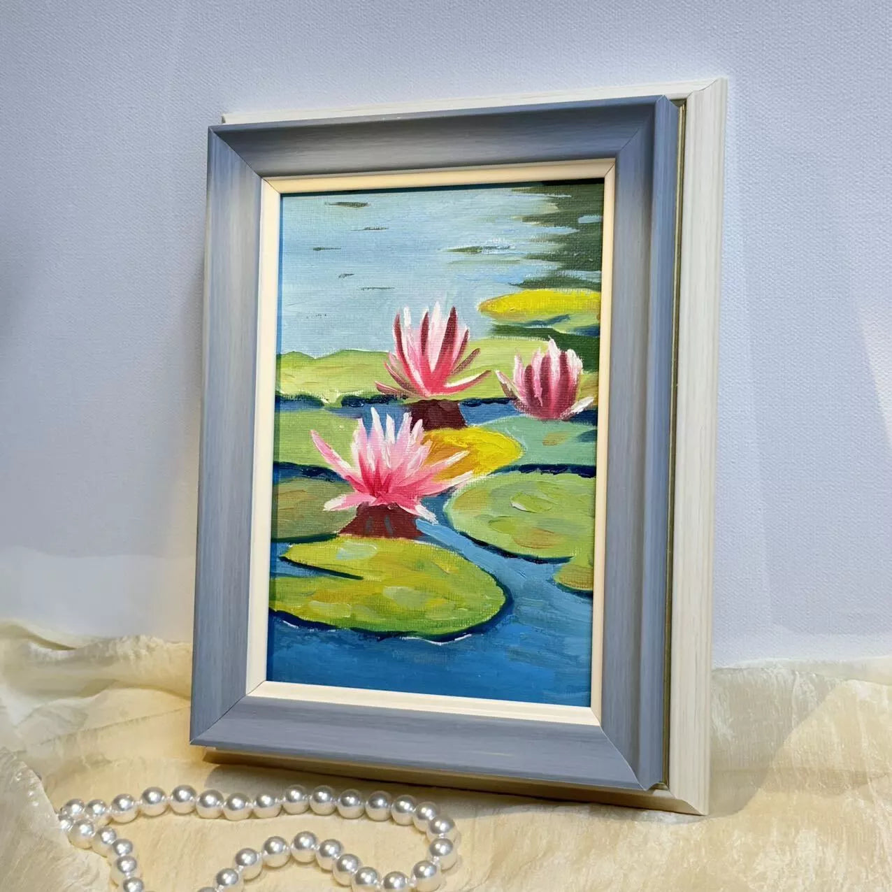 5"x7" Lotus Flowers blossom original 5"x7" oil painting with frame wall art home decor