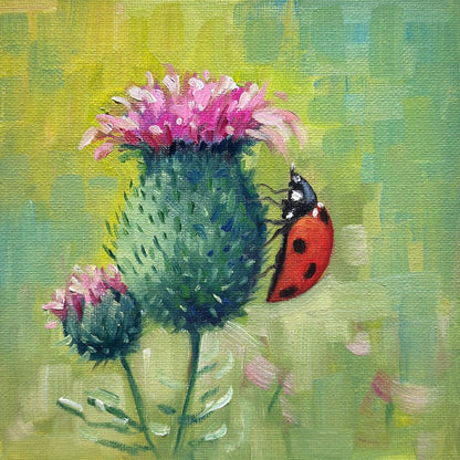 6"x6 Milk thistle flower Handmade oil painting on Canvas panel Wall Art/ unique gift