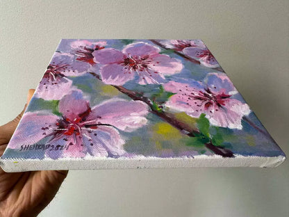 8"x8" Serene Cherry Blossom: Original Oil Painting - Floral Art for Home Decor | Unique Gift, Nature Artwork, Hand-Painted Wall Art, Tranquil Decor