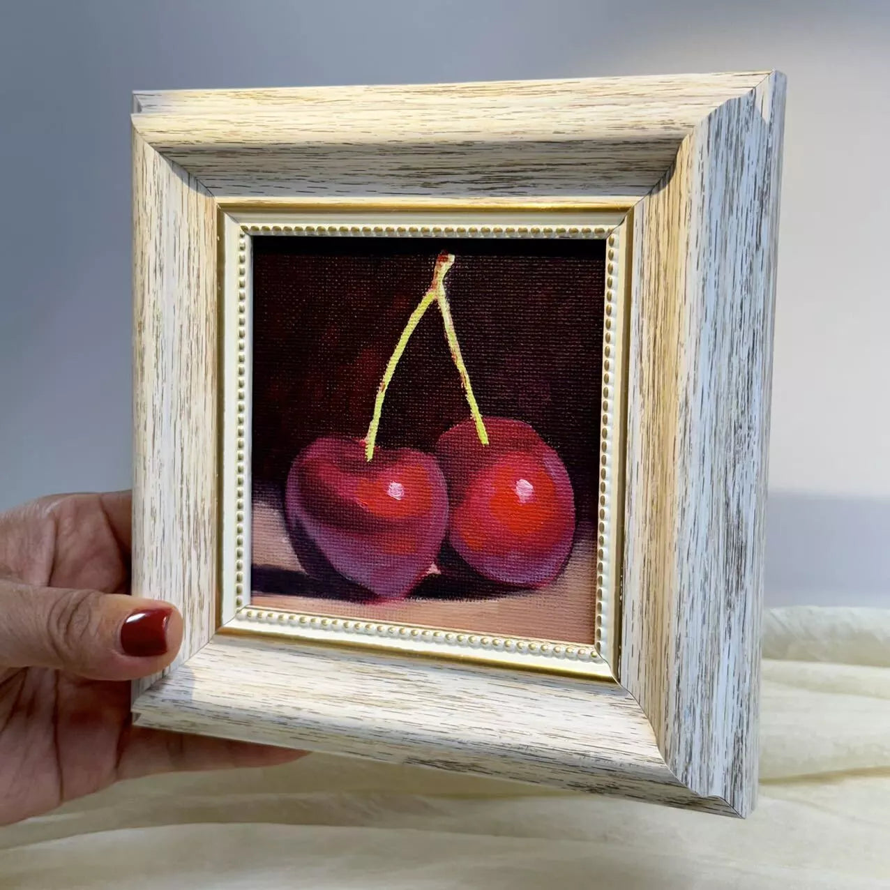 4"x4" Cherry artwork original small oil painting Kitchen decor wall art Still Life