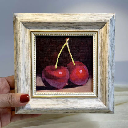 4"x4" Cherry artwork original small oil painting Kitchen decor wall art Still Life