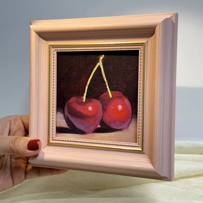 4"x4" Cherry artwork original small oil painting Kitchen decor wall art Still Life