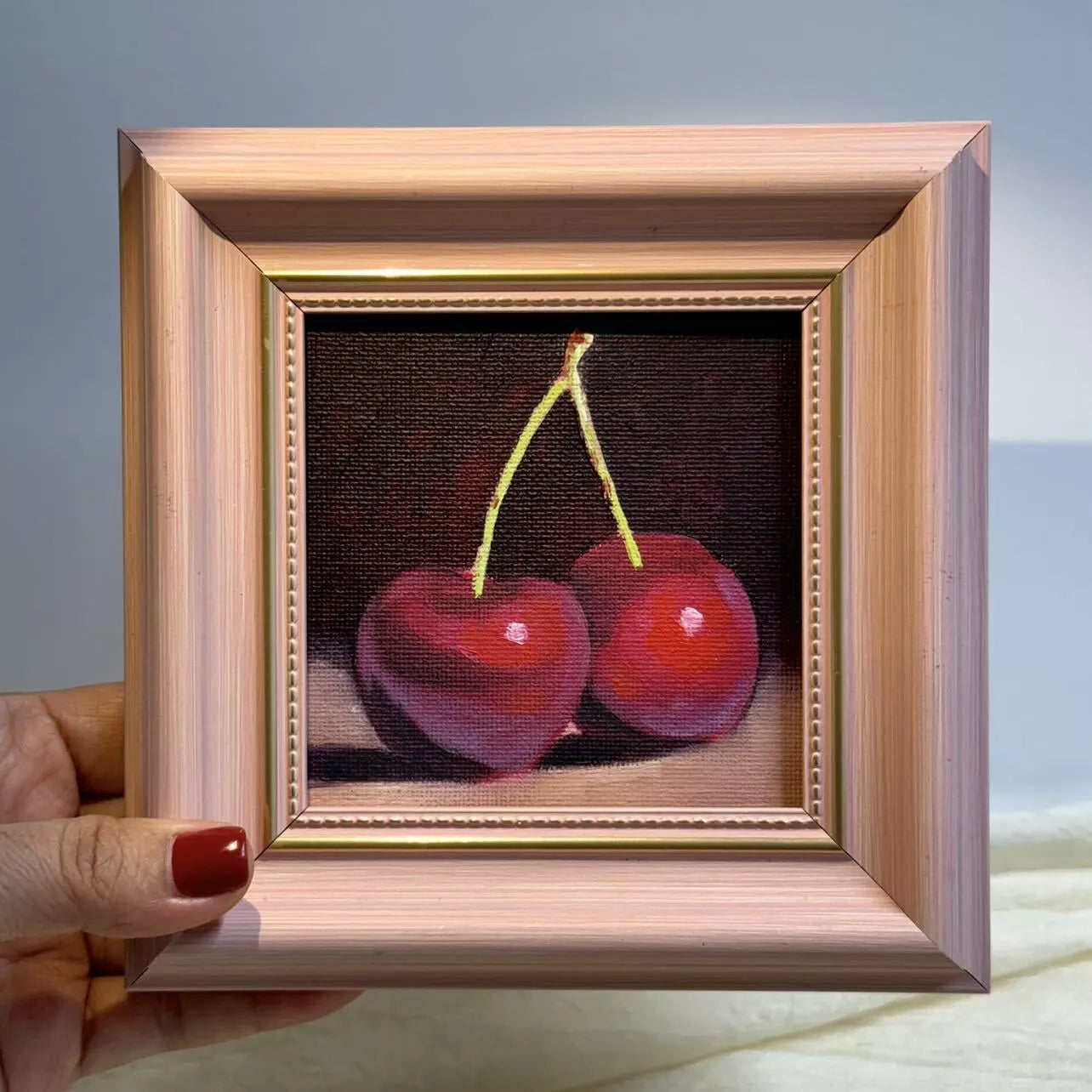 4"x4" Cherry artwork original small oil painting Kitchen decor wall art Still Life