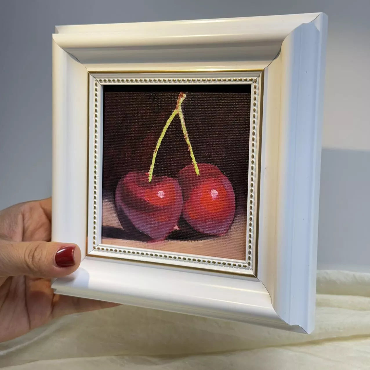 4"x4" Cherry artwork original small oil painting Kitchen decor wall art Still Life