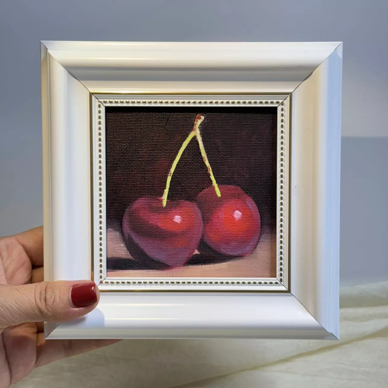 4"x4" Cherry artwork original small oil painting Kitchen decor wall art Still Life