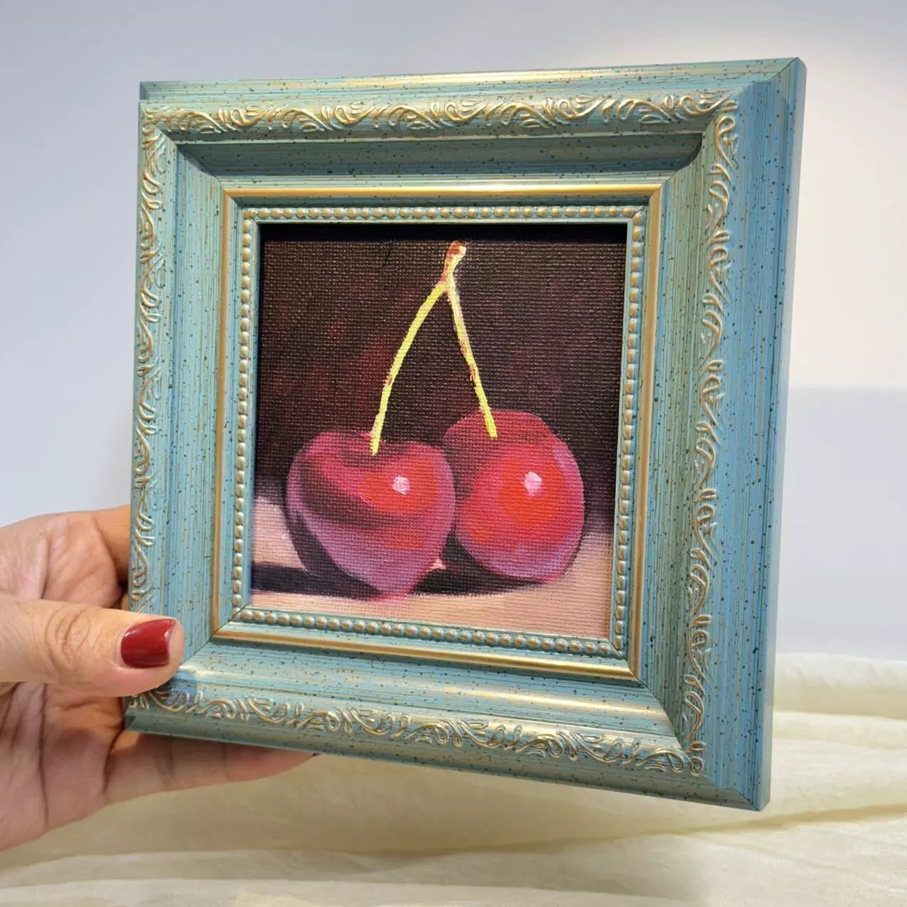 4"x4" Cherry artwork original small oil painting Kitchen decor wall art Still Life