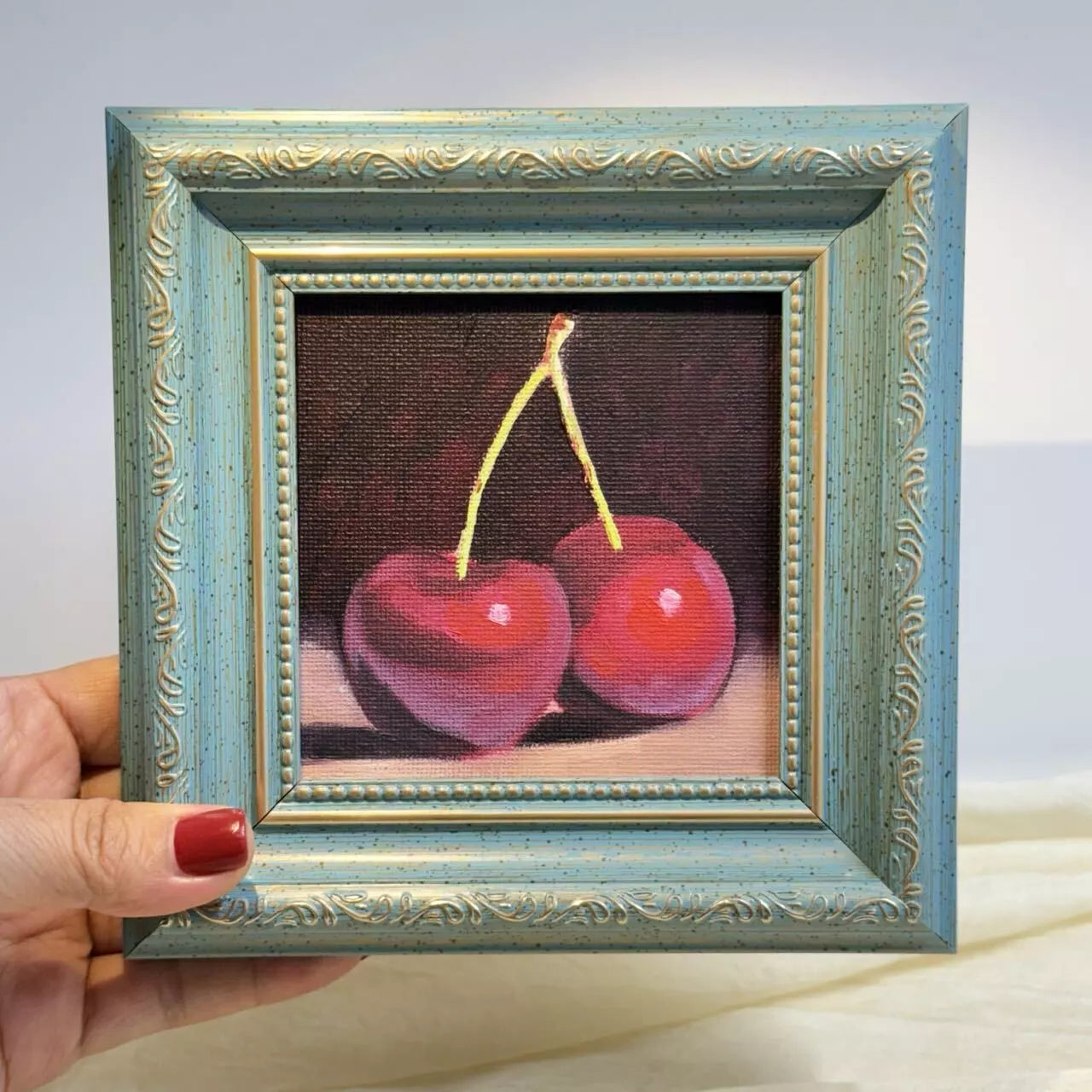 4"x4" Cherry artwork original small oil painting Kitchen decor wall art Still Life