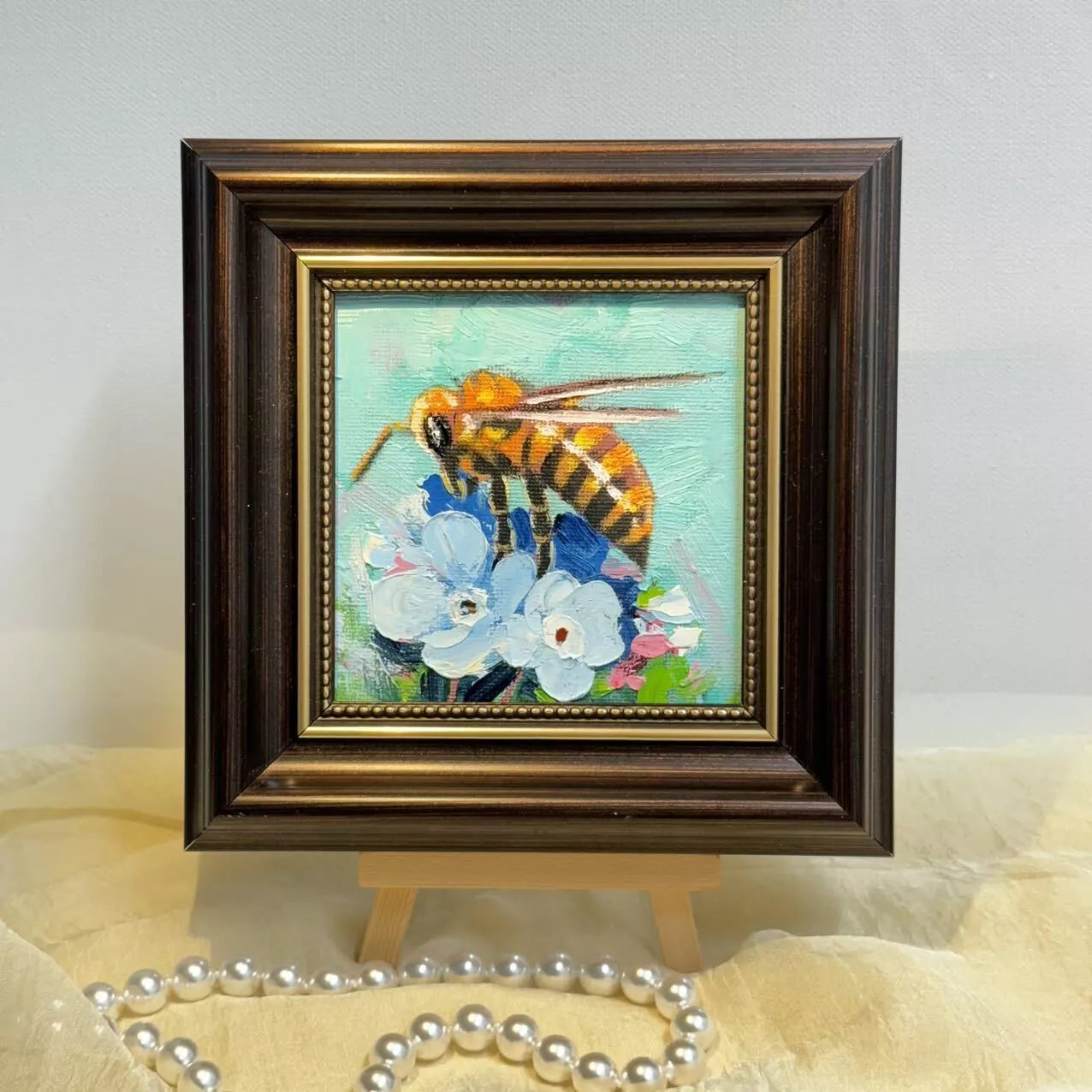 Bumble bee original 4"x4" small oil painting with frame wall art home decor